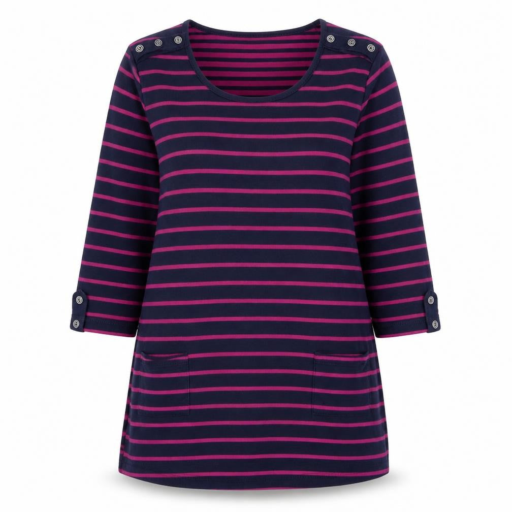 Front view of Bonmarché women’s blue round neck striped polyester jumper, size S
