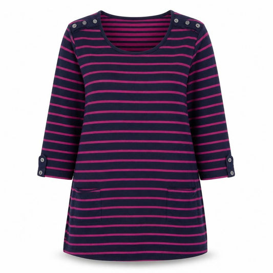 Front view of Bonmarché women’s blue round neck striped polyester jumper, size S