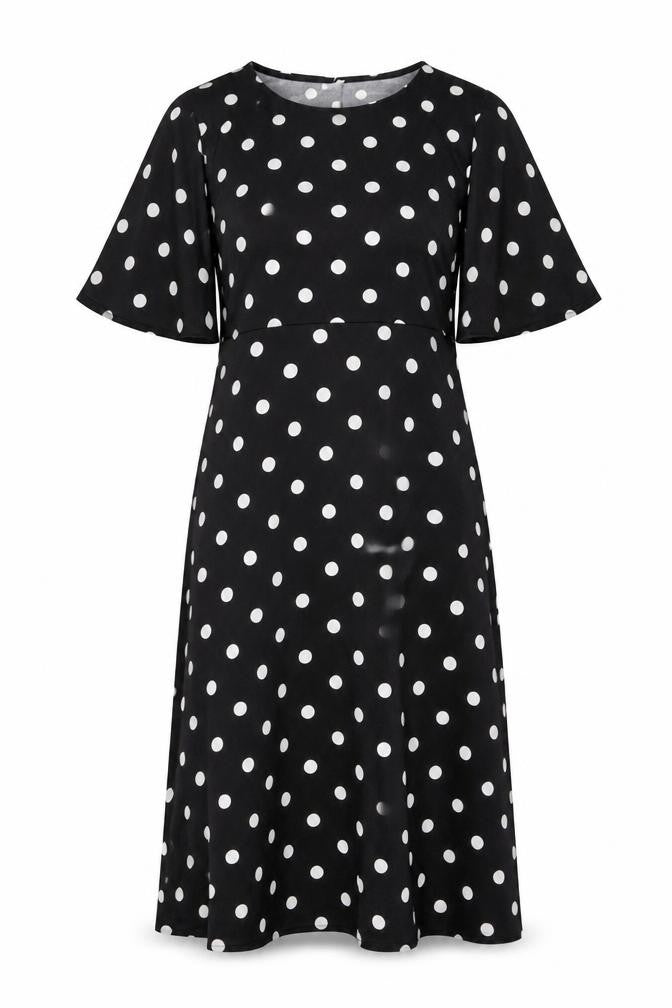 Front view of H&M women’s black polka dot polyester a-line, size S, round neck pullover