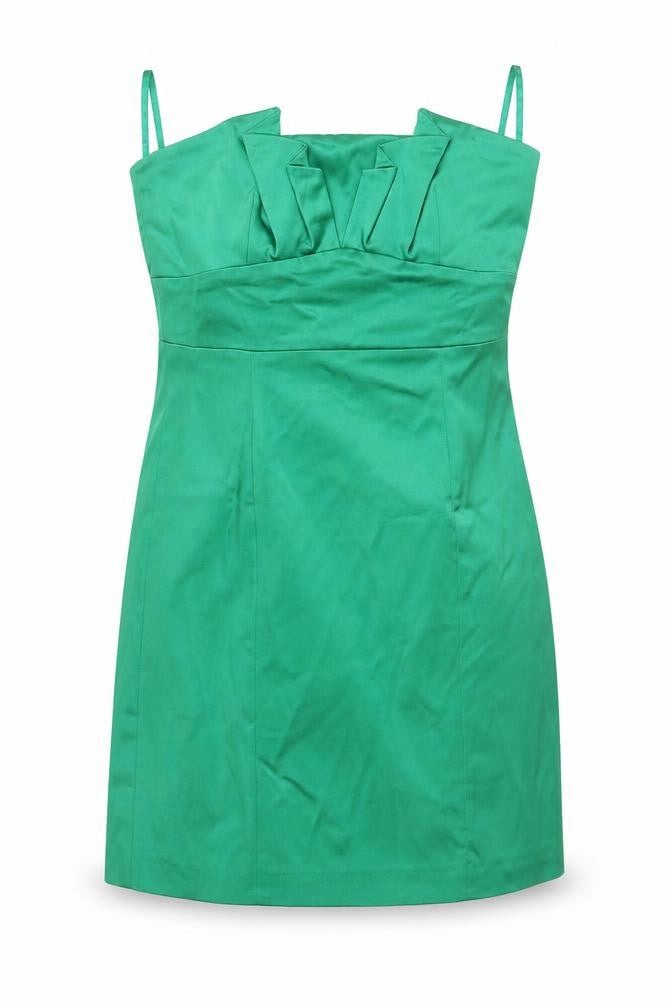 Front view of Coast women’s green polyester mini, size UK 12, off the shoulder zip