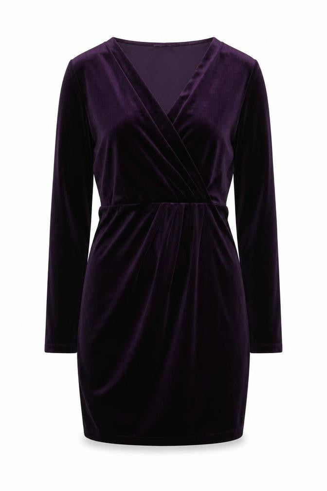Front view of Oasis women’s purple polyester bodycon, size M, v-neck pullover