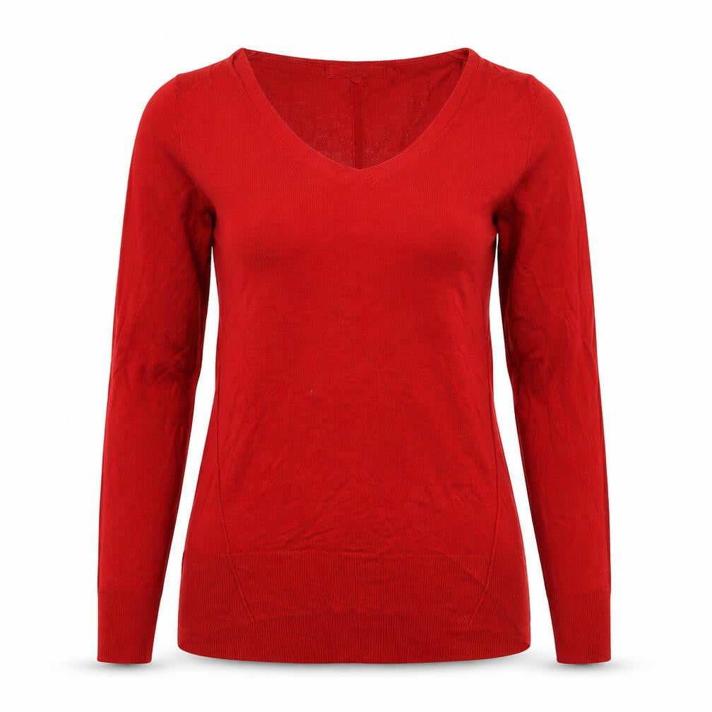 Front view of Next women’s red v-neck viscose jumper, size UK 10