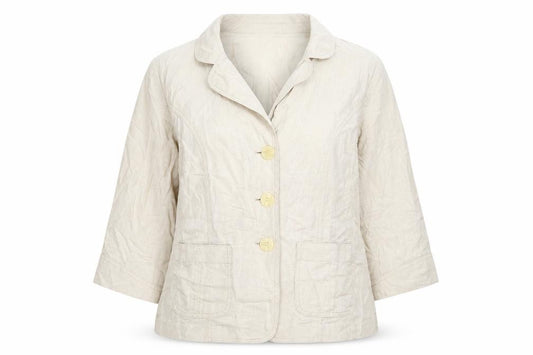 Front view of Edinburgh Wool Mill women’s beige jacket, size UK 18, button