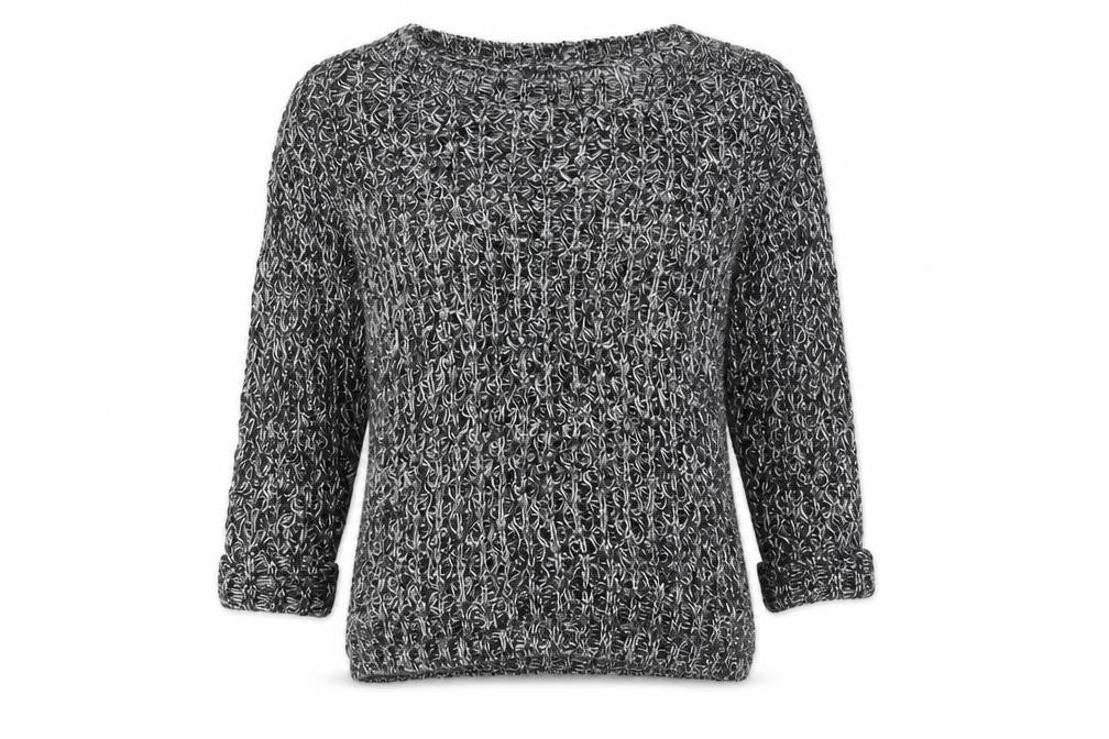 Front view of Primark women’s black crew neck acrylic jumper, size UK 8
