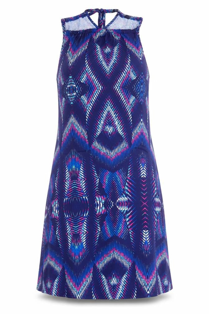 Kaleidoscope Womens Blue Geometric Polyester Skater Dress Size 14 Halter Pullover