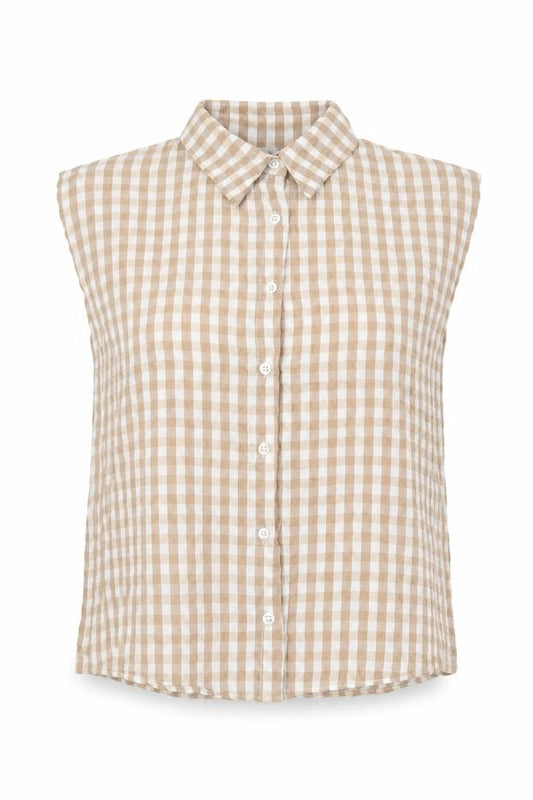 Front view of Enjoy women’s brown check viscose basic button-up, size S, collared