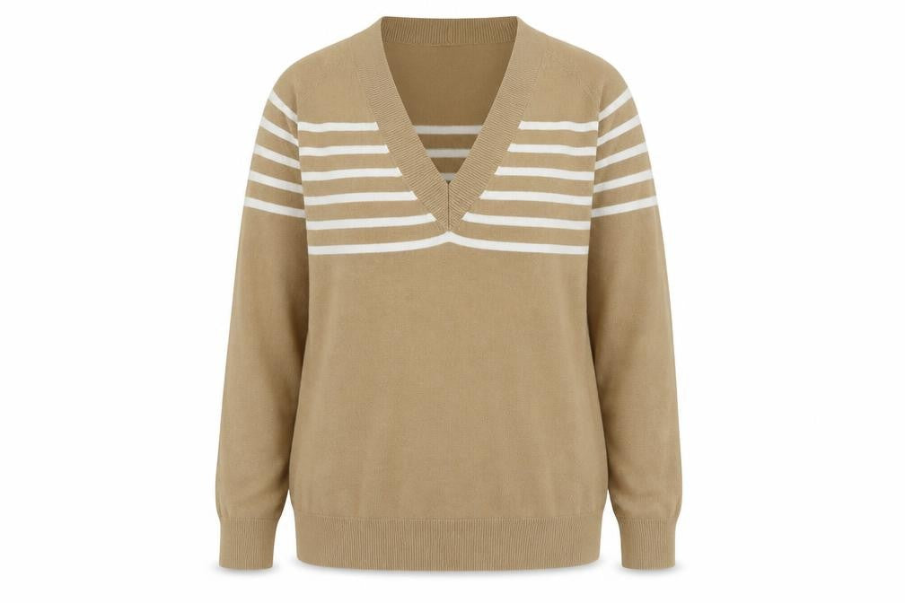 Front view of Next women’s brown v-neck striped cotton jumper, size UK 12