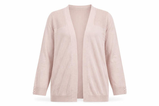 Front view of BHS women’s pink v-neck acrylic cardigan jumper, size UK 12