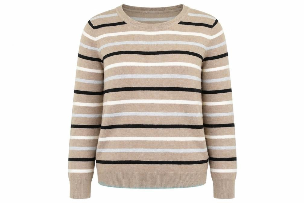 Front view of Country Casuals women’s brown round neck striped viscose jumper, size M