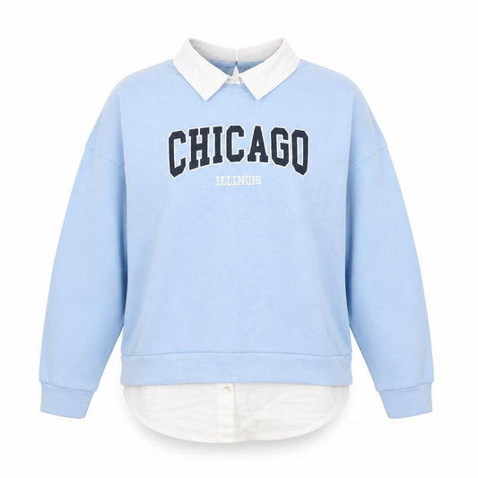 Front view of F&F women’s blue cotton pullover sweatshirt, size UK 10, button - chicago