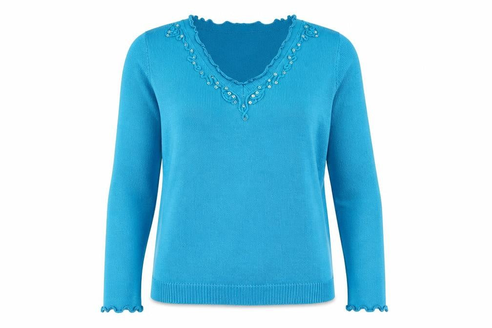 Front view of Editions women’s blue v-neck acrylic jumper, size UK 16