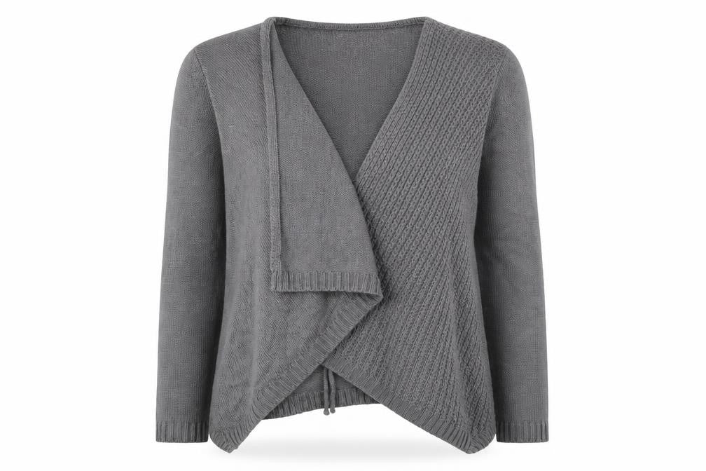 Front view of Klass women’s grey v-neck acrylic cardigan jumper, size L