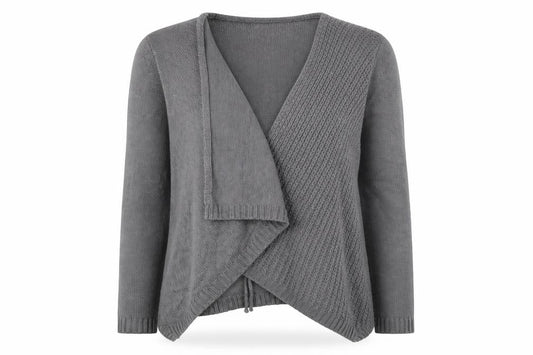 Front view of Klass women’s grey v-neck acrylic cardigan jumper, size L
