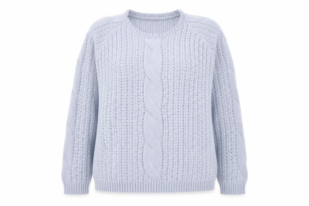 Front view of Damart women’s blue round neck acrylic jumper, size UK 10