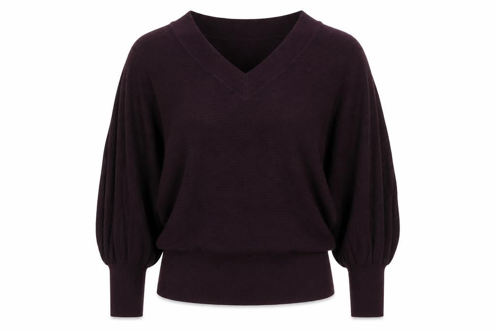 Front view of Phase Eight women’s purple v-neck viscose jumper, size S