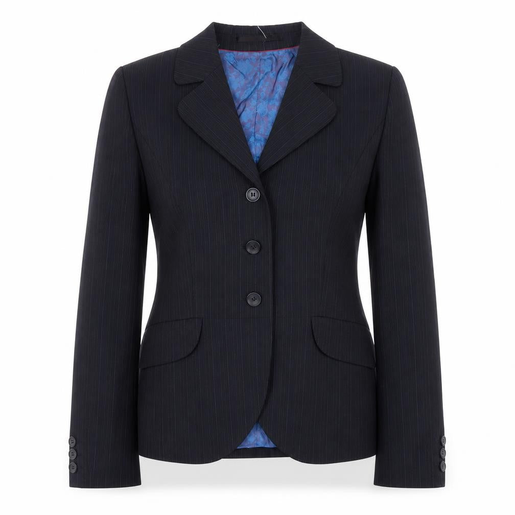 Front view of Wardrobes women’s black striped polyester jacket blazer, size UK 8