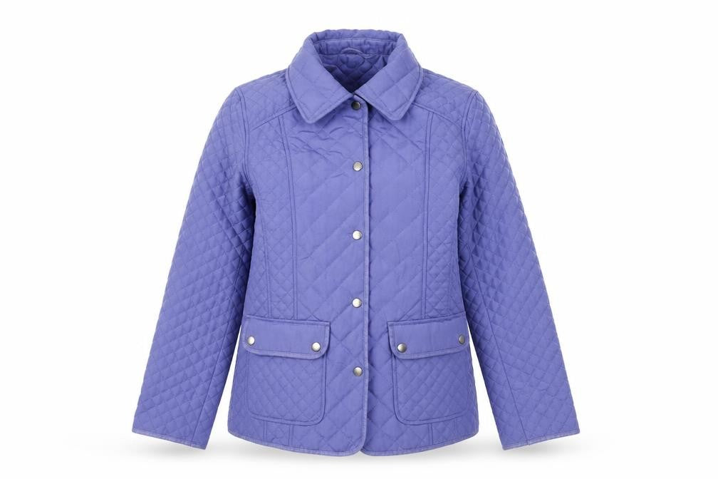 Front view of Marks & Spencer women’s purple jacket coat, size UK 8, snap