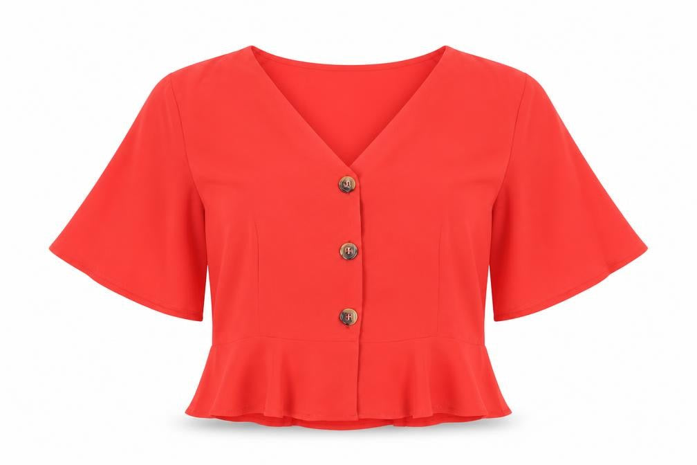 Front view of Boohoo women’s red polyester cropped blouse, size UK 18, v-neck