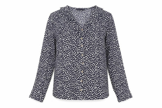 Front view of Marks & Spencer women’s blue polka dot viscose basic button-up, size UK 8, collared