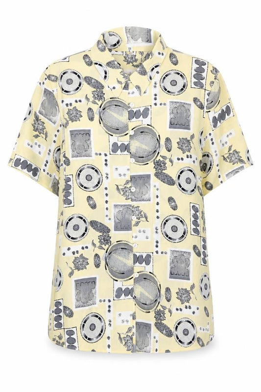 Front view of Preworn women’s multicoloured floral polyester basic button-up, size UK 16, collared - retro