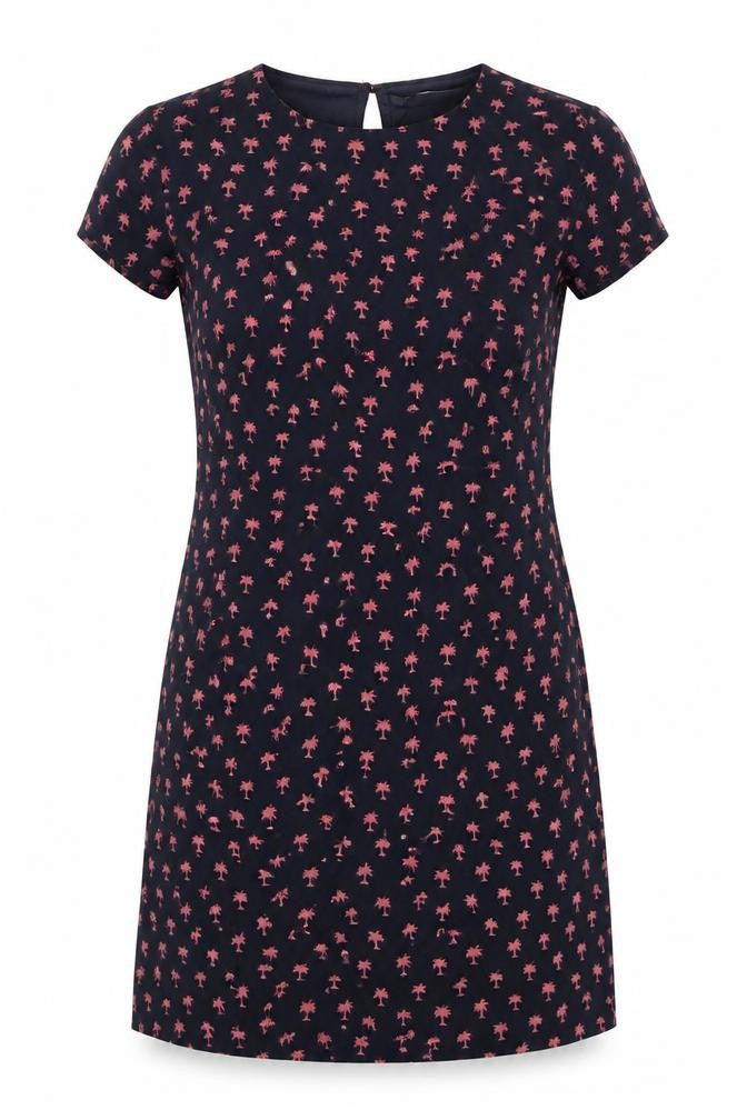Front view of Zara women’s blue geometric polyester a-line, size S, round neck button - pink palm trees