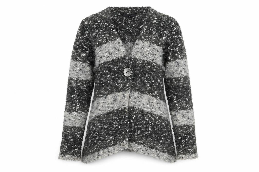 Front view of Janique women’s grey v-neck striped polyester cardigan jumper, size UK 12