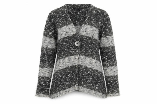 Front view of Janique women’s grey v-neck striped polyester cardigan jumper, size UK 12
