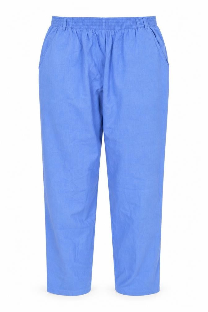 Front view of Miller women’s blue polyester trousers, size UK 14, 28-inch leg regular