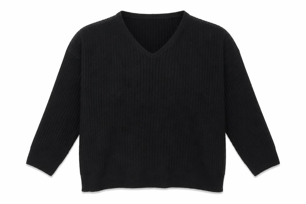 Front view of New Look women’s black v-neck polyester jumper, size L, - ribbed