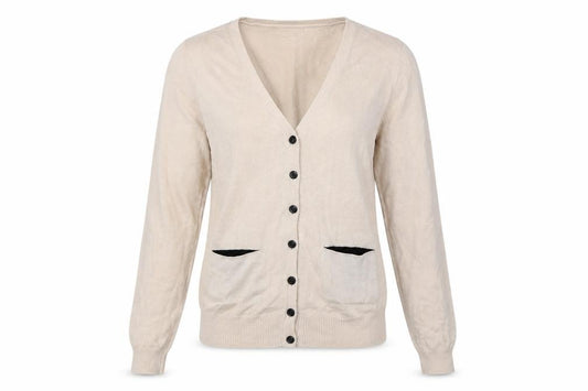 Front view of Devided women’s beige v-neck polyester cardigan jumper, size UK 4