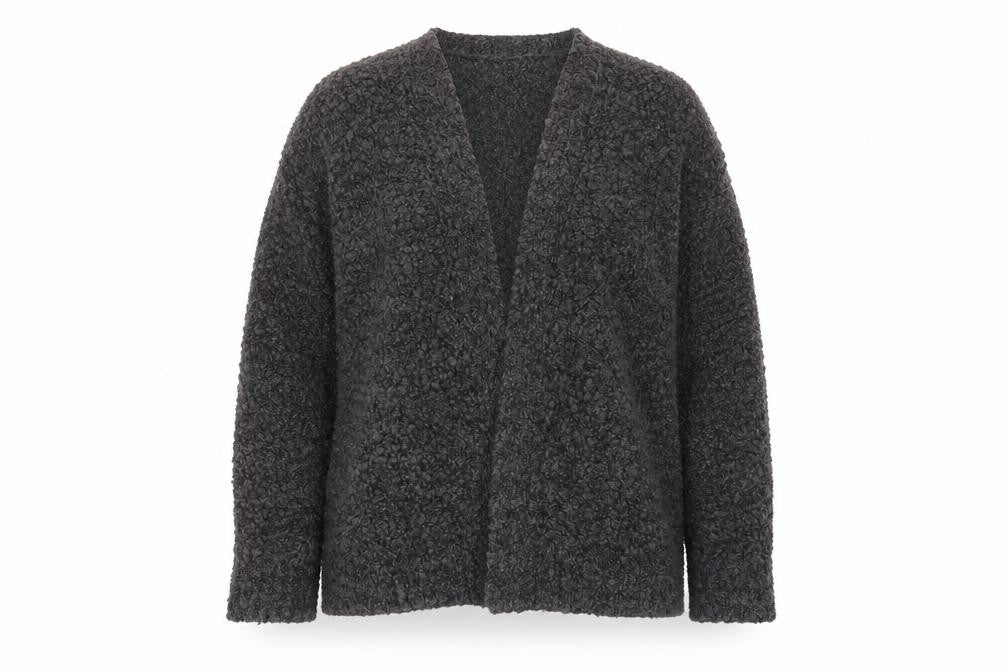 Front view of Berkeritex women’s grey round neck polyester cardigan jumper, size UK 14