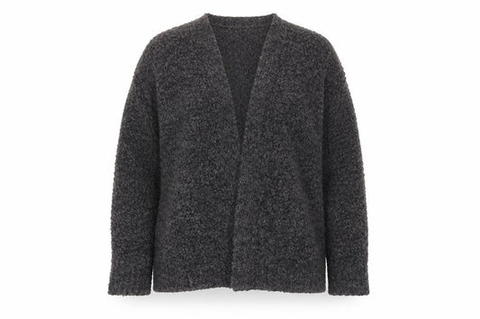 Front view of Berkeritex women’s grey round neck polyester cardigan jumper, size UK 14