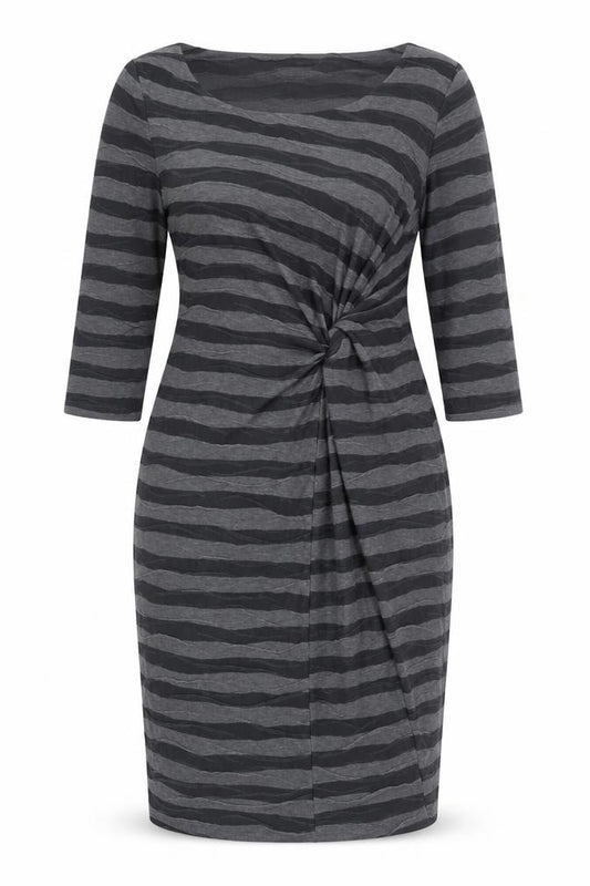 Front view of Per Una women’s grey striped polyester bodycon, size UK 14, boat neck pullover