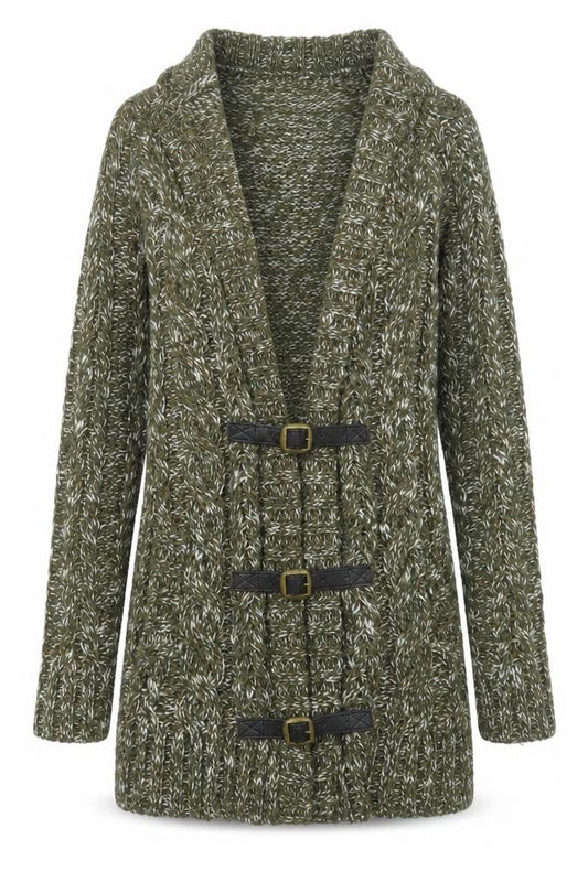 Front view of Crafted women’s green v-neck acrylic cardigan jumper, size UK 8, - buckle detail