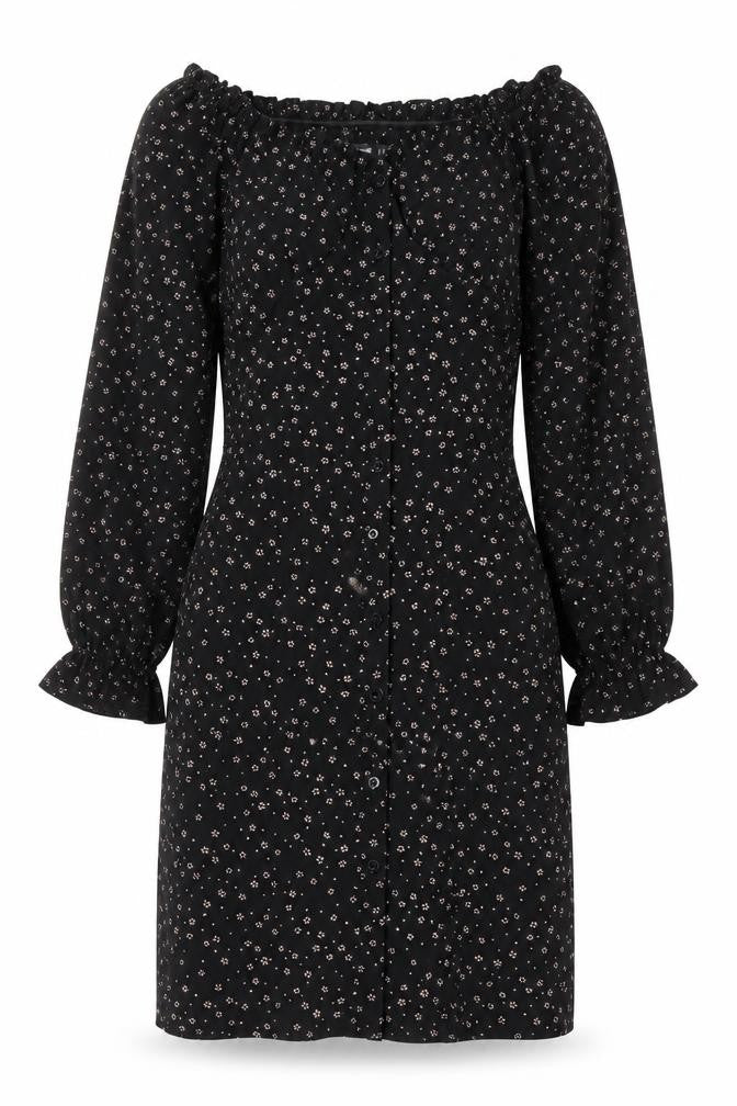Front view of Missguided women’s black fair isle polyester a-line, size UK 8, boat neck button