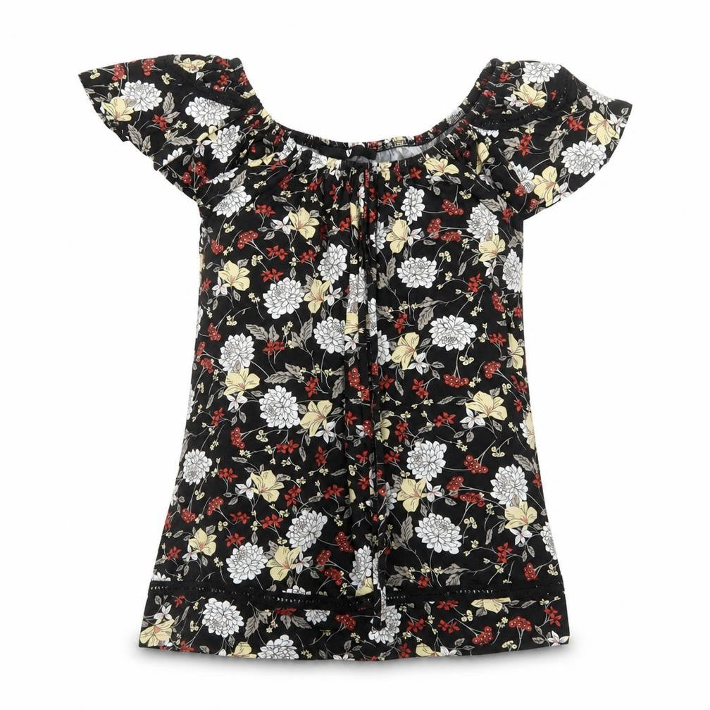 Front view of Very women’s multicoloured floral viscose basic t-shirt, size UK 10, off the shoulder