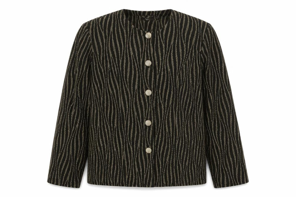 Front view of Bonmarché women’s black animal print jacket, size UK 14, button