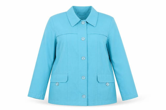 Front view of EWM women’s blue jacket, size UK 18, button