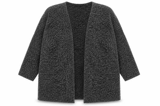 Front view of H&M women’s grey v-neck acrylic cardigan jumper, size S