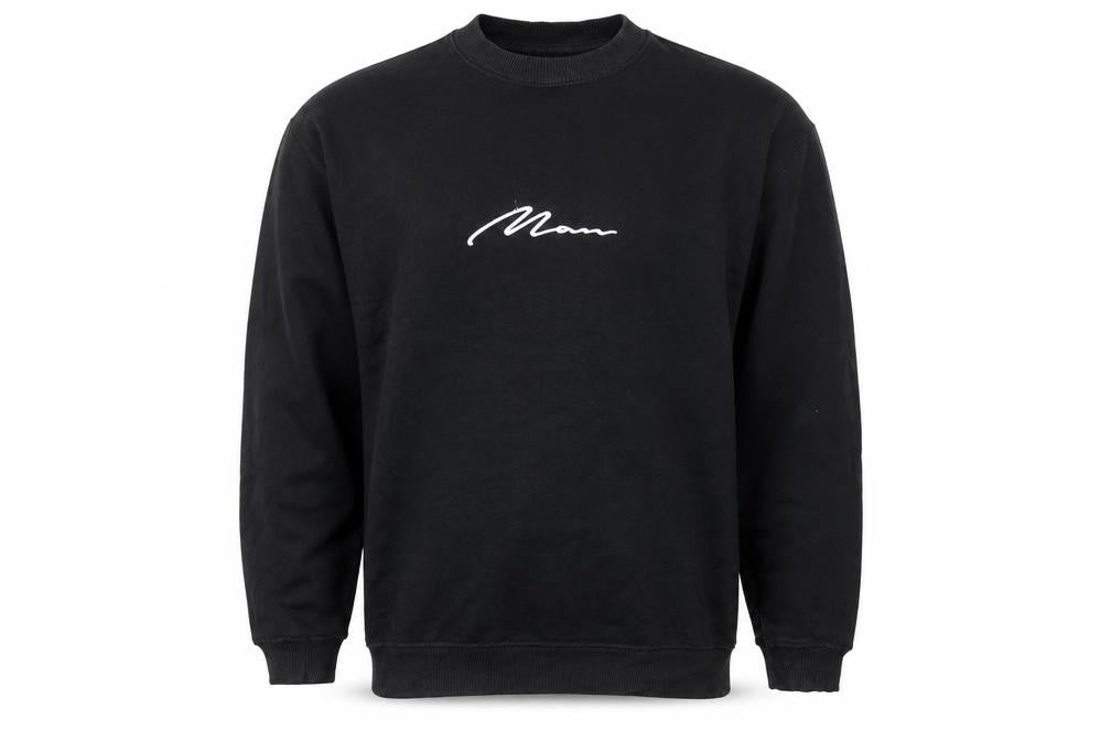 Front view of Boohoo men’s black cotton pullover sweatshirt, size XS
