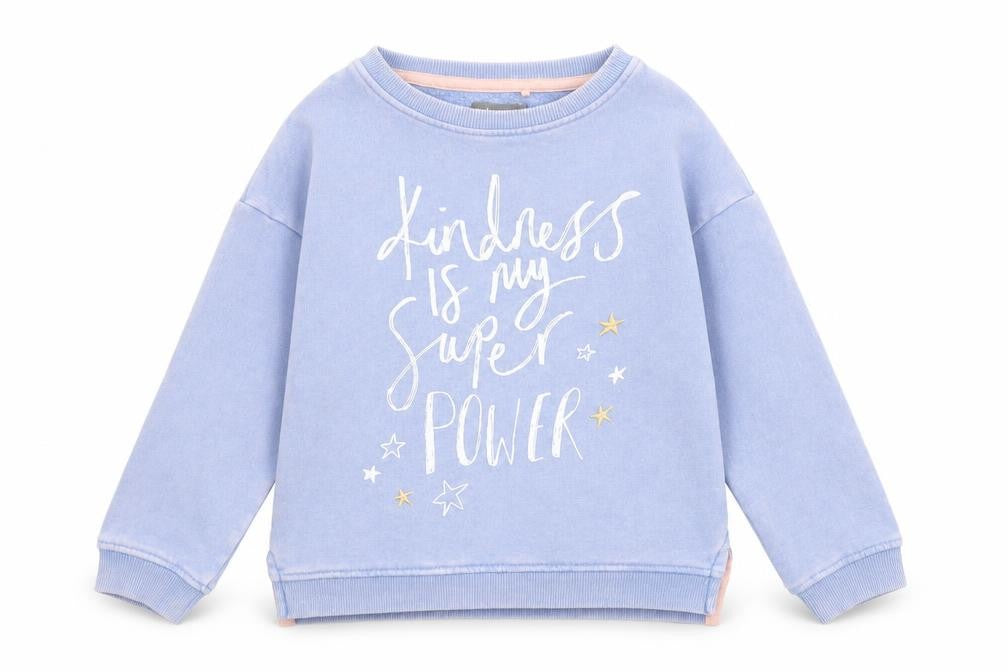 Front view of Next girls’ blue cotton pullover sweatshirt, size 6, years pullover - kindness is my super power