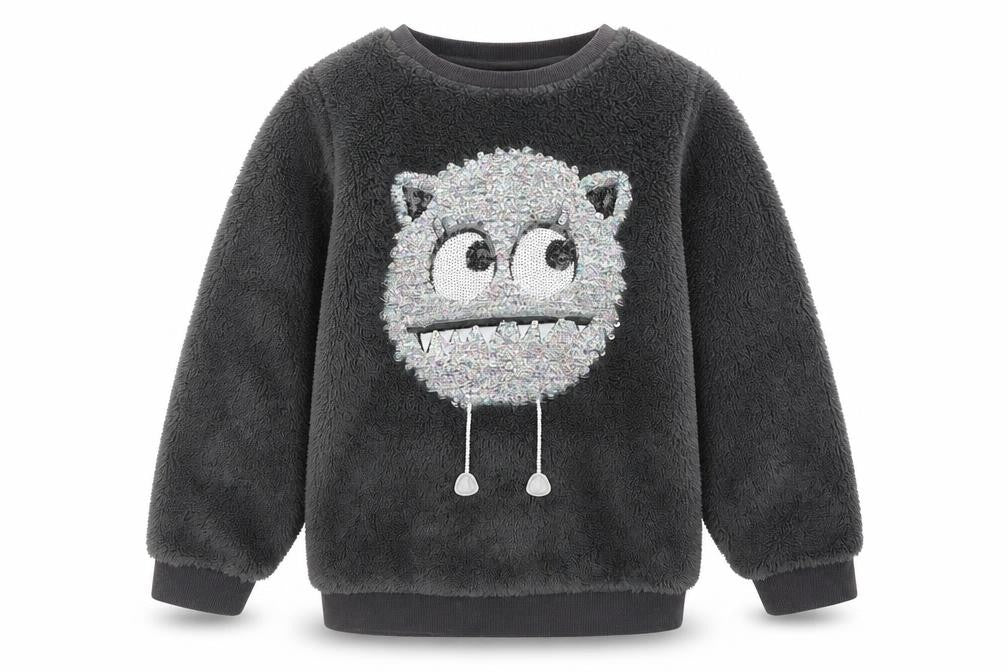 Front view of H&M girls’ grey solid 100% polyester top lounge set, size 5-6, years pullover - monster