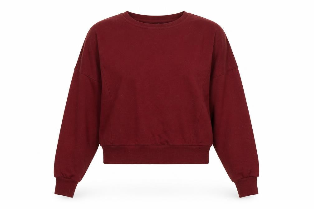 Front view of Topshop women’s red polyester pullover sweatshirt, size UK 8, pullover