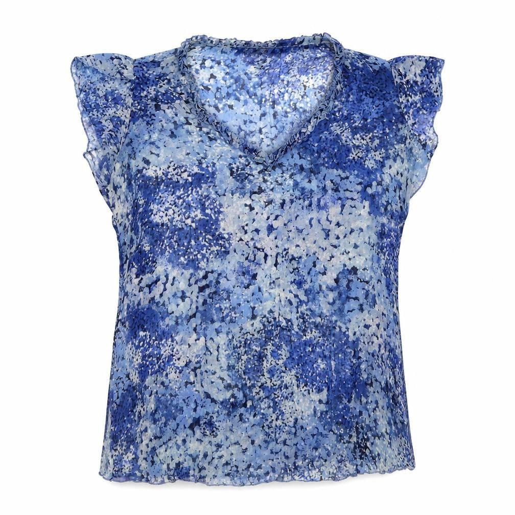 Front view of Together women’s blue geometric polyester basic blouse, size UK 14, v-neck
