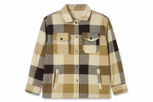 Front view of AX Paris women’s beige check jacket, size S, button