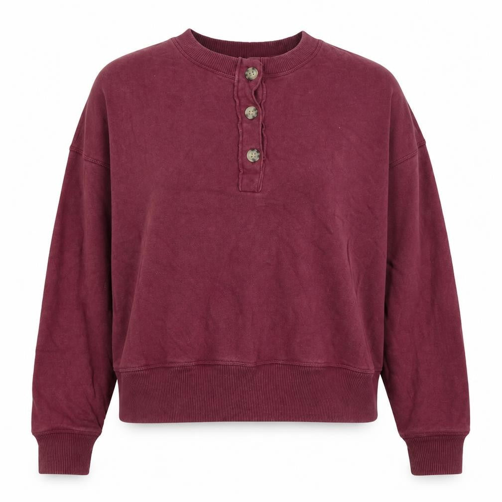 Front view of American Eagle women’s purple cotton pullover sweatshirt, size L, button