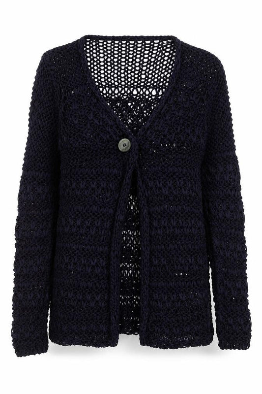 Front view of Bianca B women’s blue v-neck acrylic cardigan jumper, size M