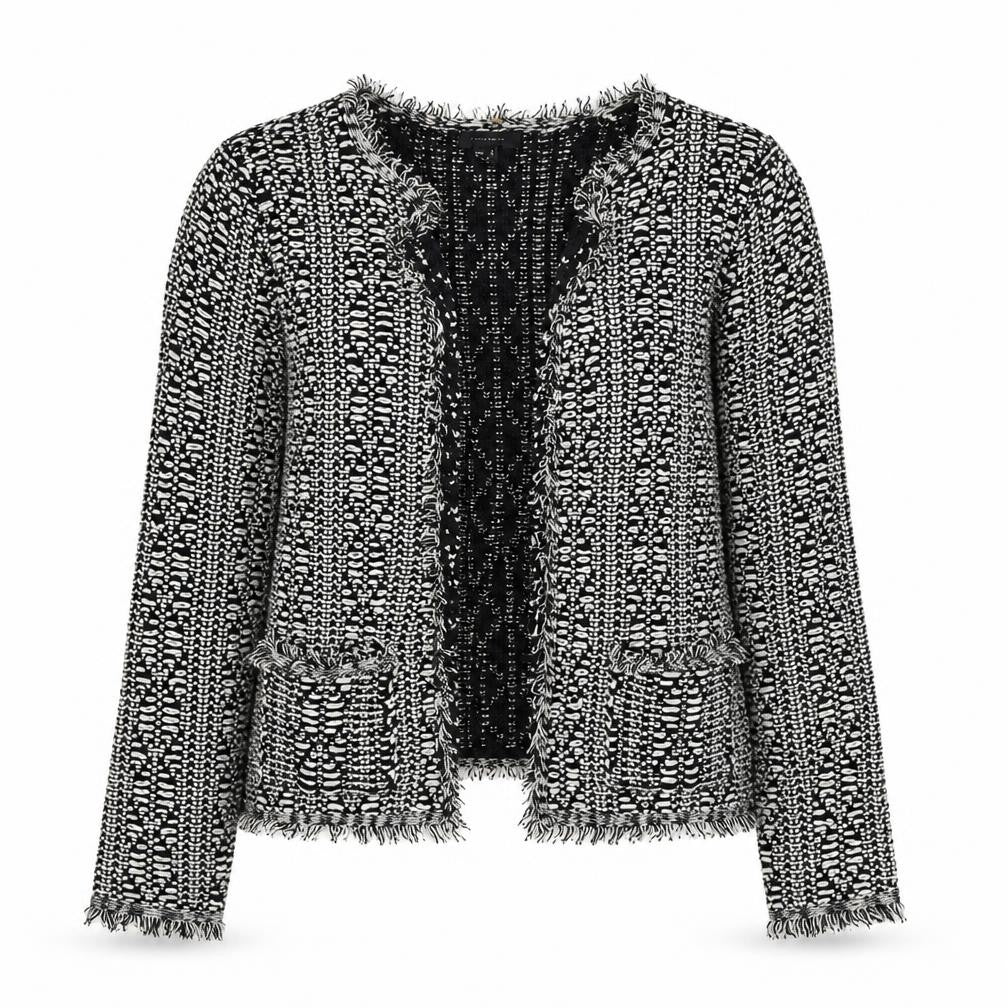 Front view of Atmosphere women’s black geometric jacket, size UK 12