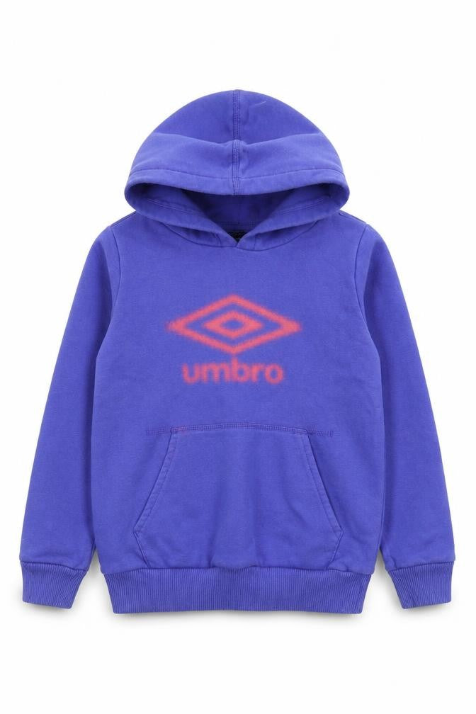 Front view of Umbro boys’ blue polyester pullover hoodie, size 6-7, years pullover