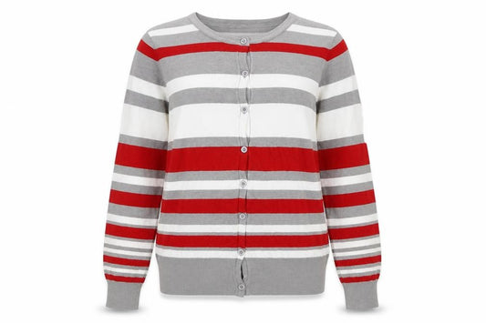 Front view of Ellie Louise women’s multicoloured round neck striped viscose cardigan jumper, size XL